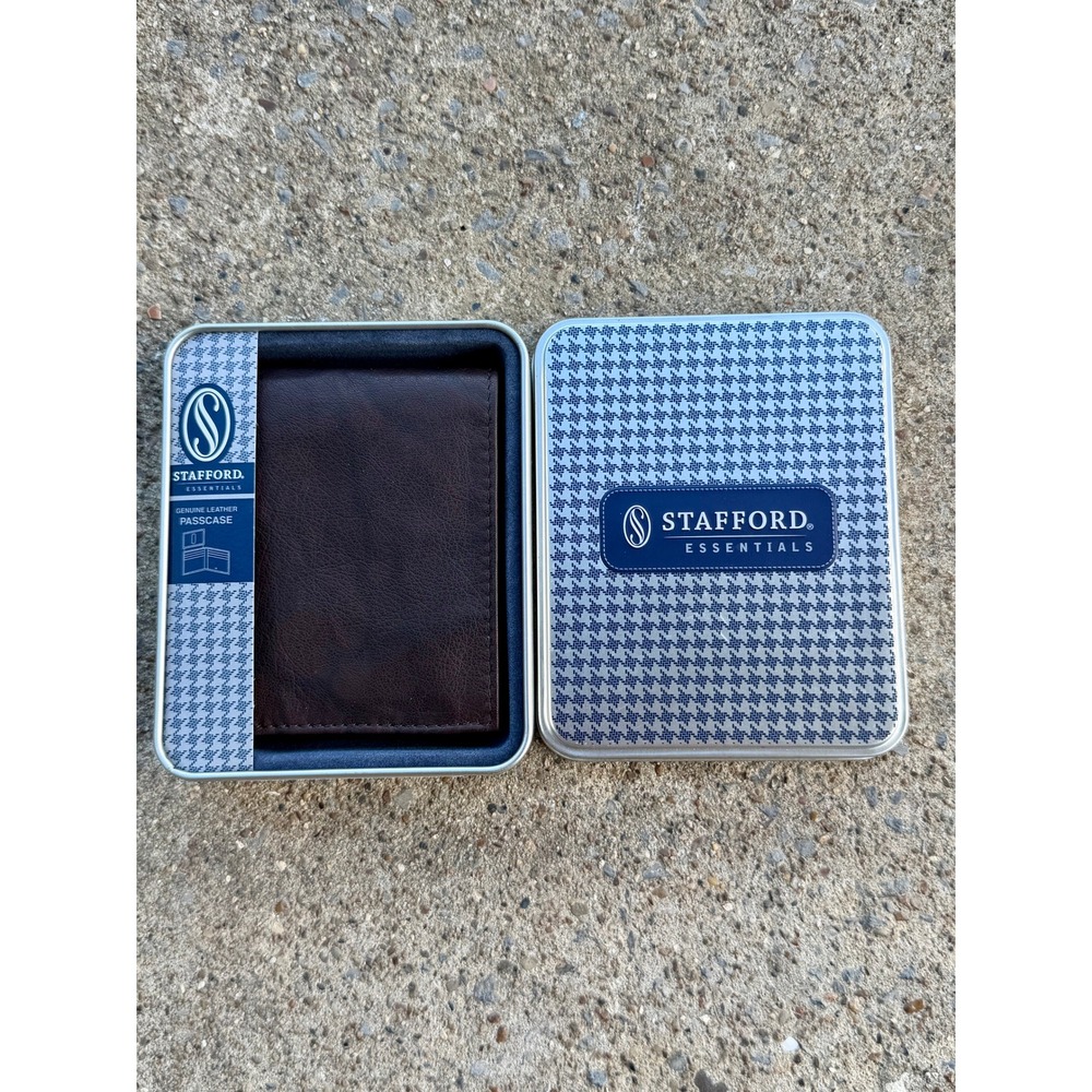 Stafford Essentials Mens Genuine Leather Passcase Wallet Brown 31ST1409 Tin